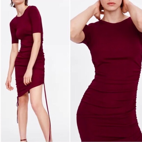 NEW Zara Minimal Ruched Short Sleeve Crew Neck Knit Midi Dress in Wine Red Small - Picture 1 of 11